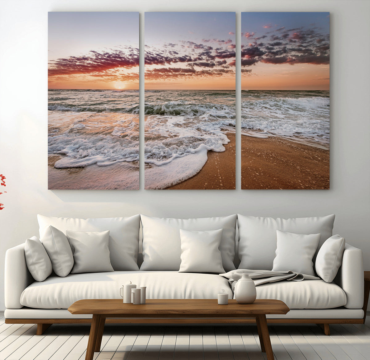 Ocean Sunset Wall Art Canvas Print | Sandy Shore and Gentle Waves