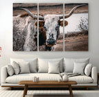 Texas Longhorn Wall Art Canvas Print | Framed Brown and White Spotted Longhorn