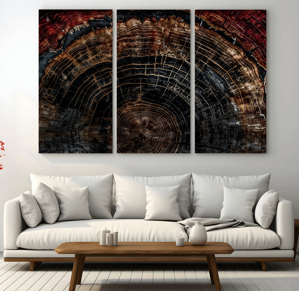 Dark Wood Ring Wall Art Canvas Print, Framed Abstract Tree Slice Print, Rustic Wood Grain Decor