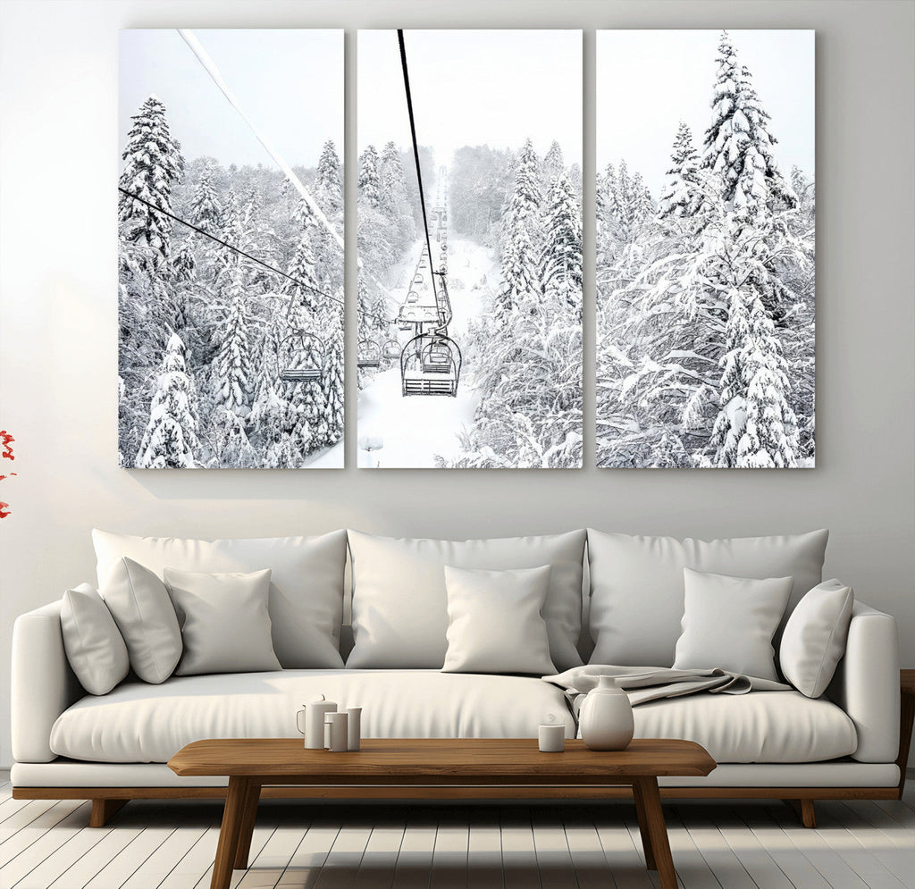 Snowy Ski Lift Wall Art | Framed Winter Mountain Canvas