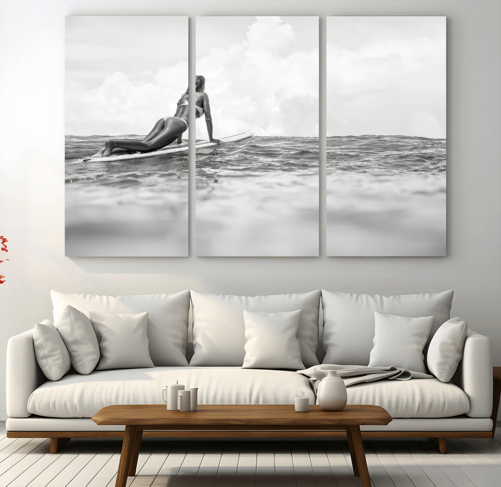 Black and White Surfing Wall Art Canvas Print, Framed Ocean Horizon Surfer Girl