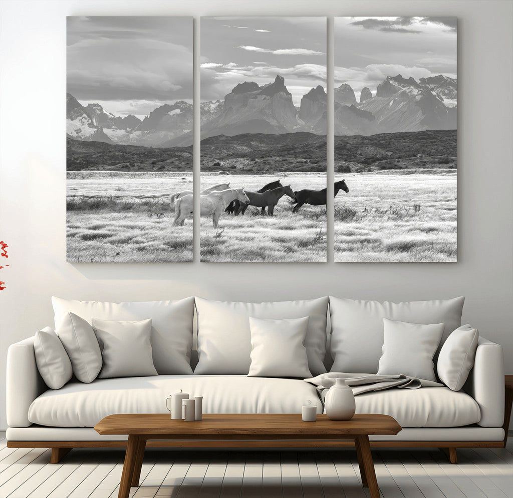 Wild Horses Wall Art | Framed Black White Mountain Canvas