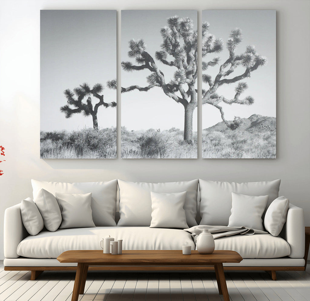 Joshua Tree Wall Art Canvas Print, Framed Black and White Desert Landscape Artwork