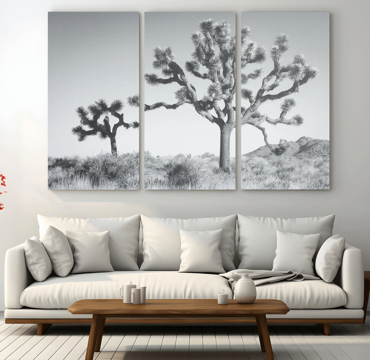 Joshua Tree Wall Art Canvas Print, Framed Black and White Desert Landscape Artwork