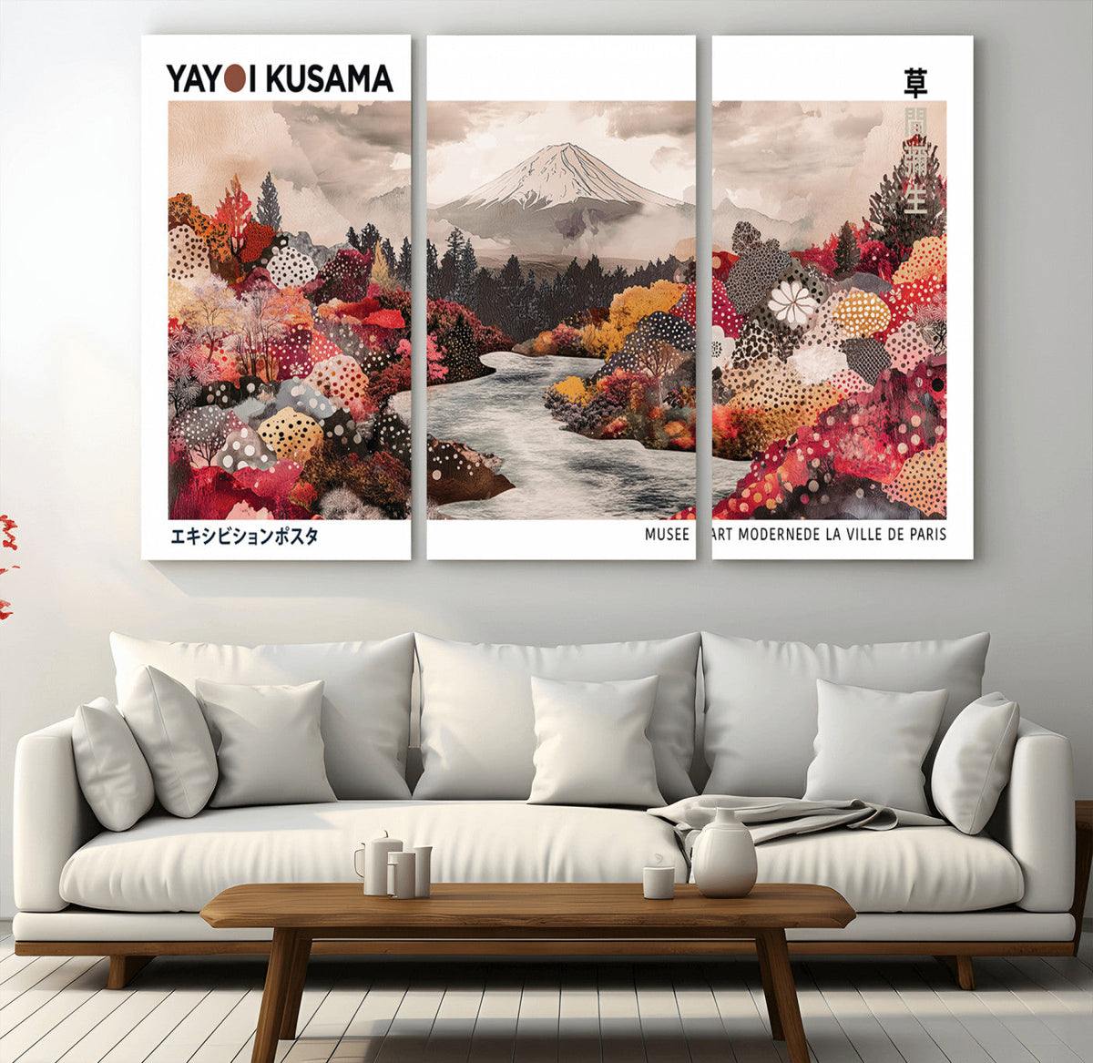 Modern Japanese Wall Art Canvas Print, Framed Abstract Mount Fuji Art, Yayoi Kusama Japanese Landscape