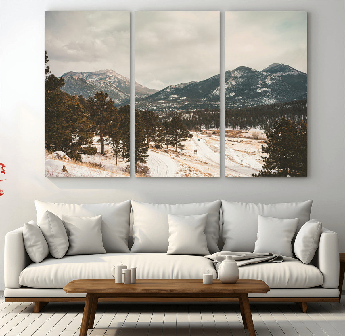 Mountain Landscape Wall Art Canvas Print, Framed Snowy Peaks Alpine Winter