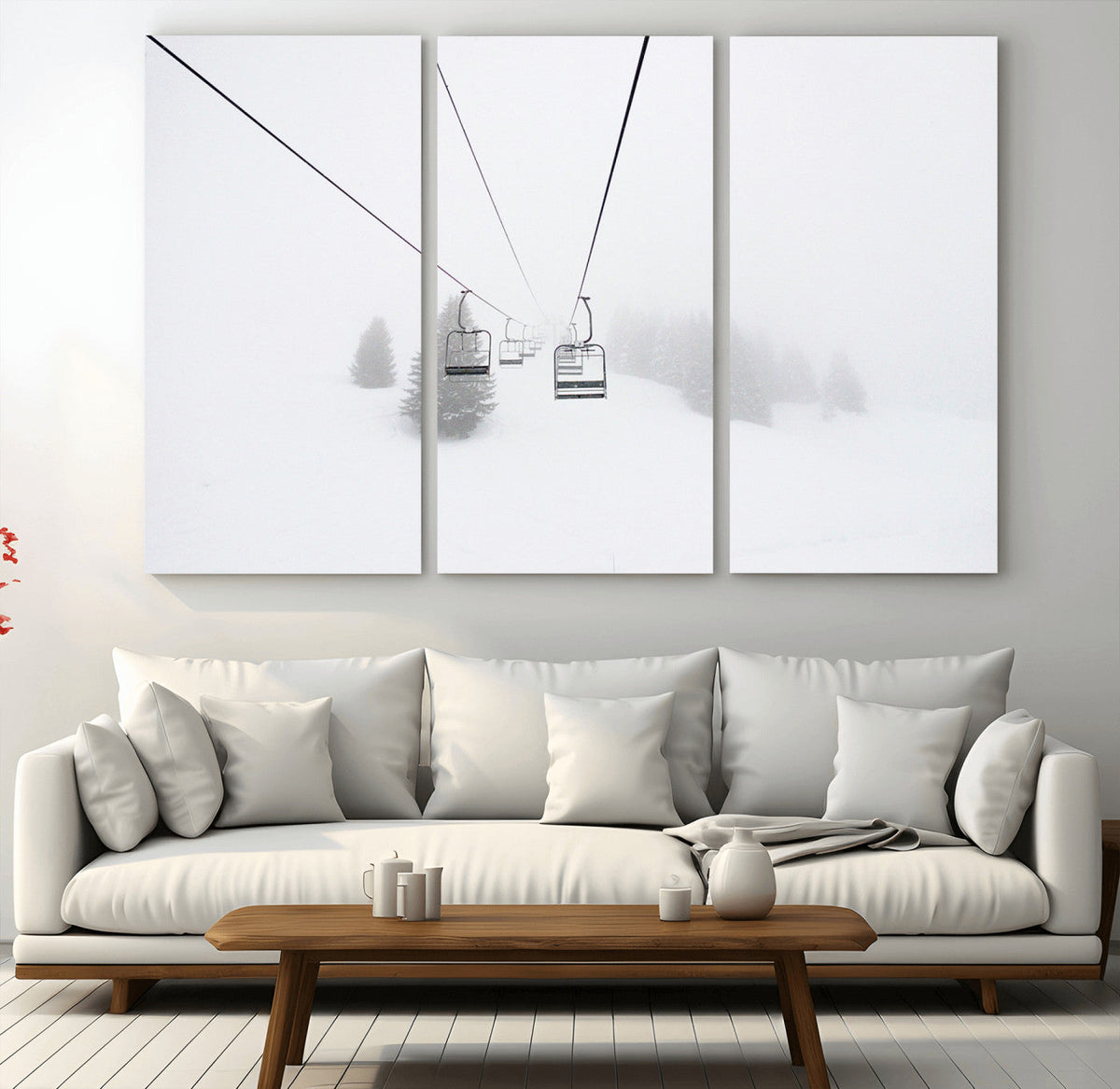 Ski Lift Wall Art Canvas Print, Framed Snowy Landscape Art, Alpine Adventure Nordic Minimalist Decor