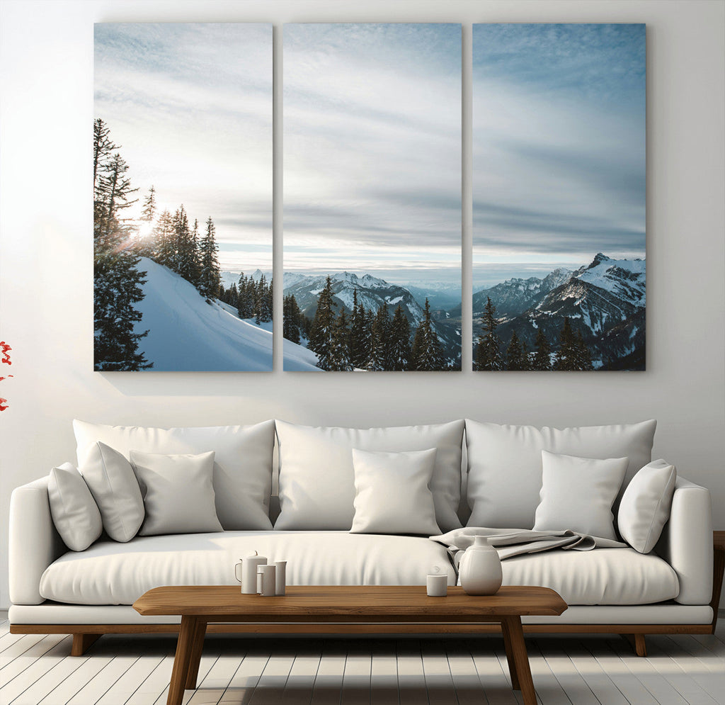 Snowy Mountains Wall Art Canvas Print, Framed Alpine Landscape Frosty Peaks Artwork