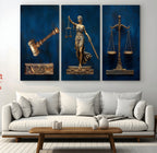 Lady Justice Wall Art Canvas Print, Elegant Gold Legal Symbols on Blue, Law Office Decor