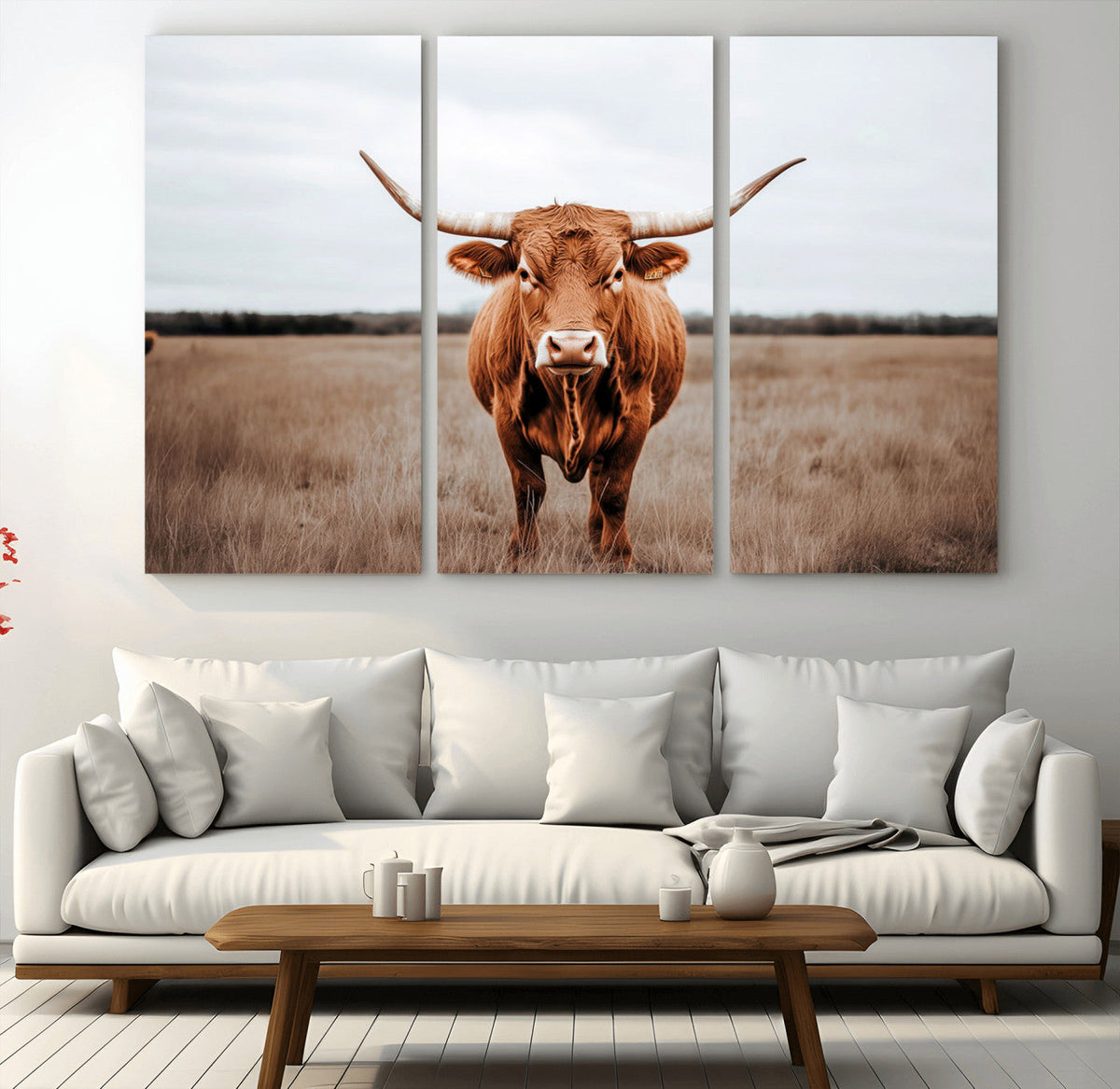 Longhorn Bull Wall Art Canvas Print, Framed Rustic Decor