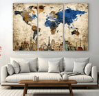 World Map Canvas Print | Vintage Blue and Gold World Map Wall Art