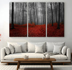 Red Forest Floor Canvas Wall Art | Mystical Foggy Woodland Triptych
