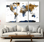 Modern Abstract World Map Canvas Wall Art | Framed Blue and Gold Map Print