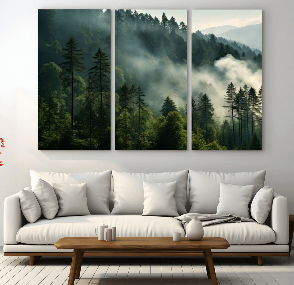 Misty Forest Wall Art Premium Canvas Print, Foggy and Serene Atmosphere
