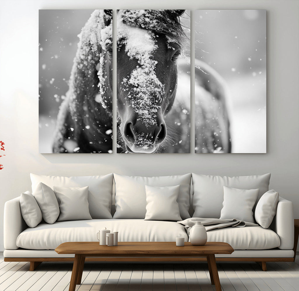 Black and White Horse Winter Wall Art, Ready to Hang