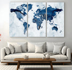 Modern Blue World Map Canvas Print | Elegant Travel Map Wall Art for Home Office
