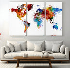 Colorful World Map Canvas Wall Art Print, Contemporary Global Map Artwork