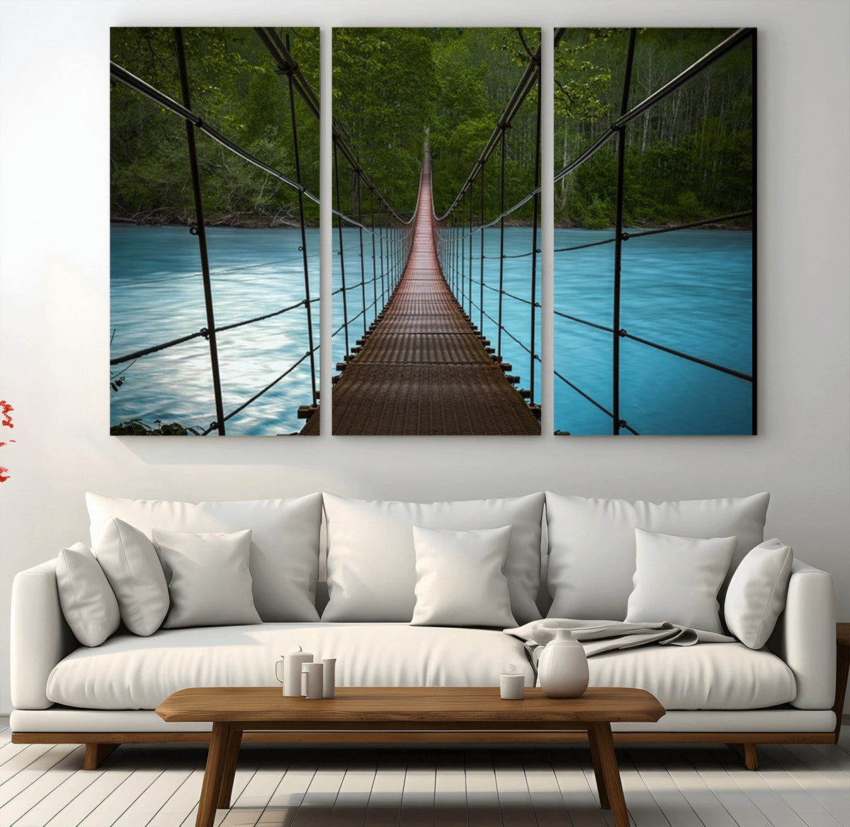 Suspension Bridge Over River Canvas Art | 3-Panel Nature Wall Art