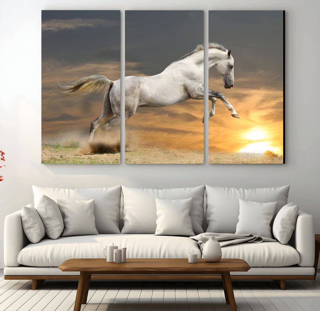 Large Wall Art Canvas Print, White Jumping Horse at Sunset
