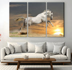 Large Wall Art Canvas Print, White Jumping Horse at Sunset