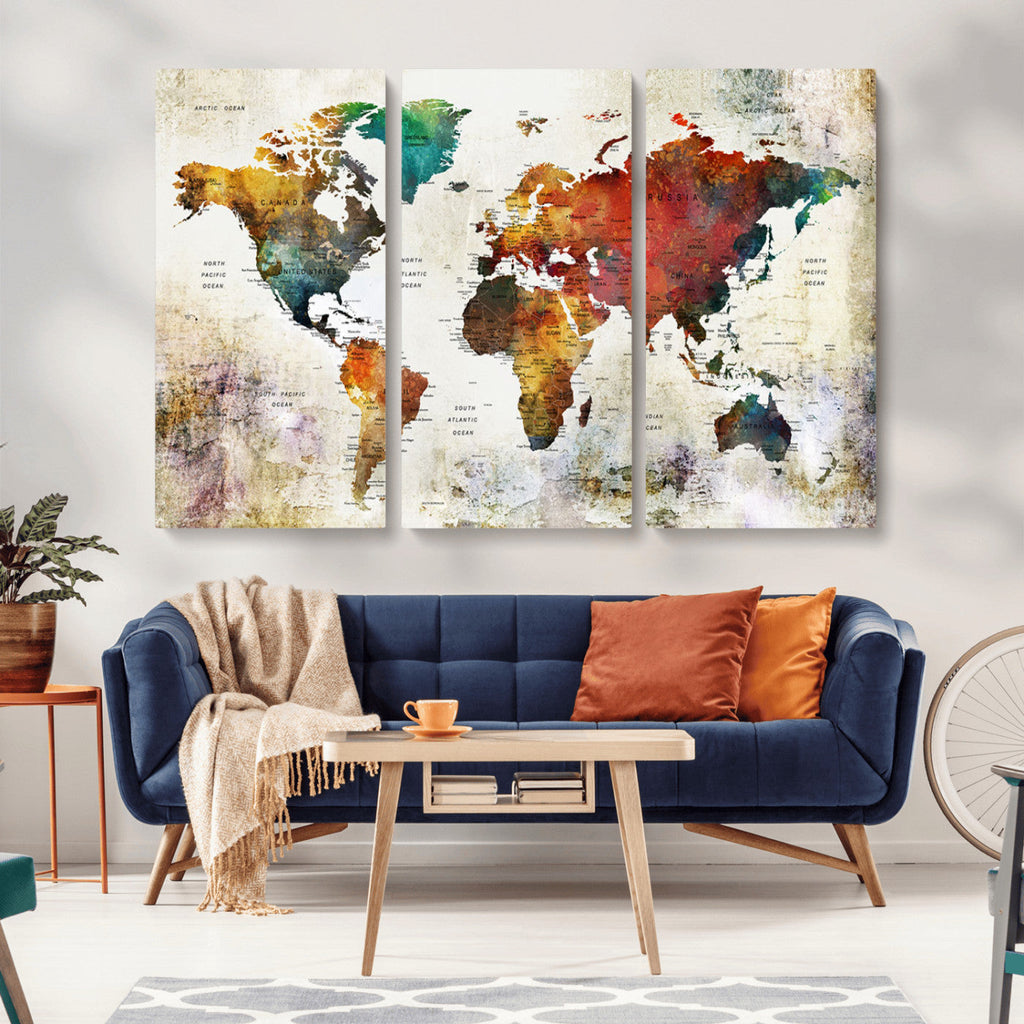 Watercolor World Map Canvas Print | Framed Travel Map Wall Art for Couples
