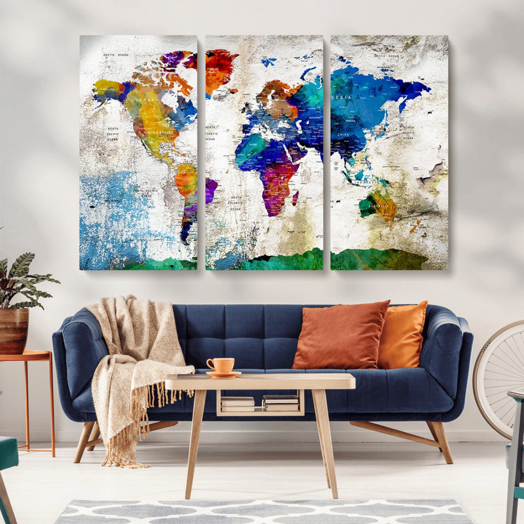 Navy Blue and Orange Watercolor World Map Canvas Print | Framed Travel Map