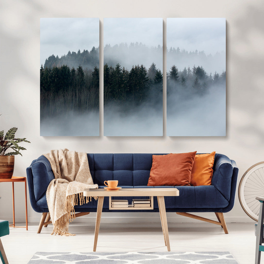 Autumn and Misty Trees in the Forest Wall Art Canvas Print, Foggy Forest Mountain Wall Art