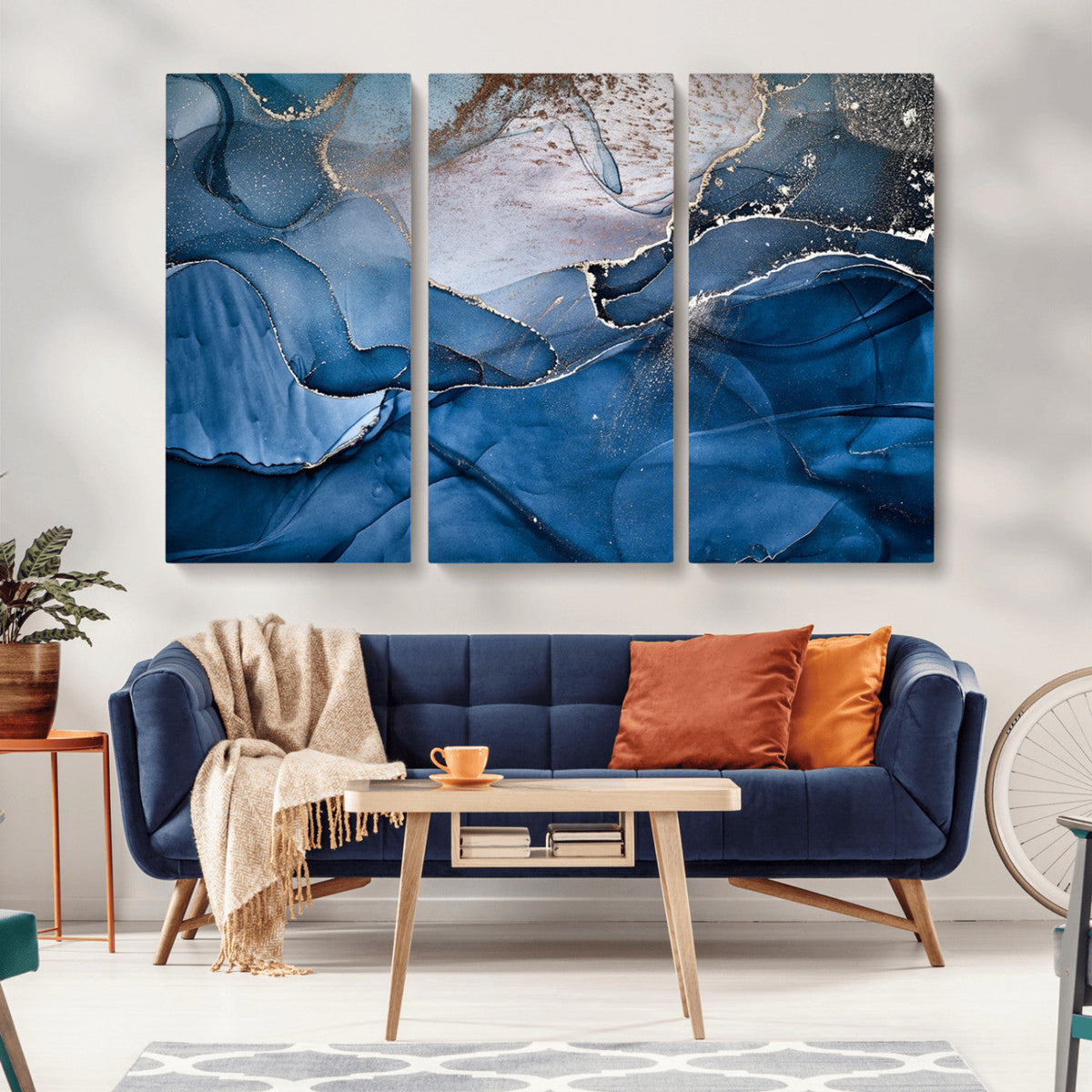 Navy Blue Canvas Art Abstract Print | Elegant Triptych Modern Art