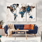 Abstract Earth Tone Blue World Map Canvas Print | Framed Travel Map Wall Art