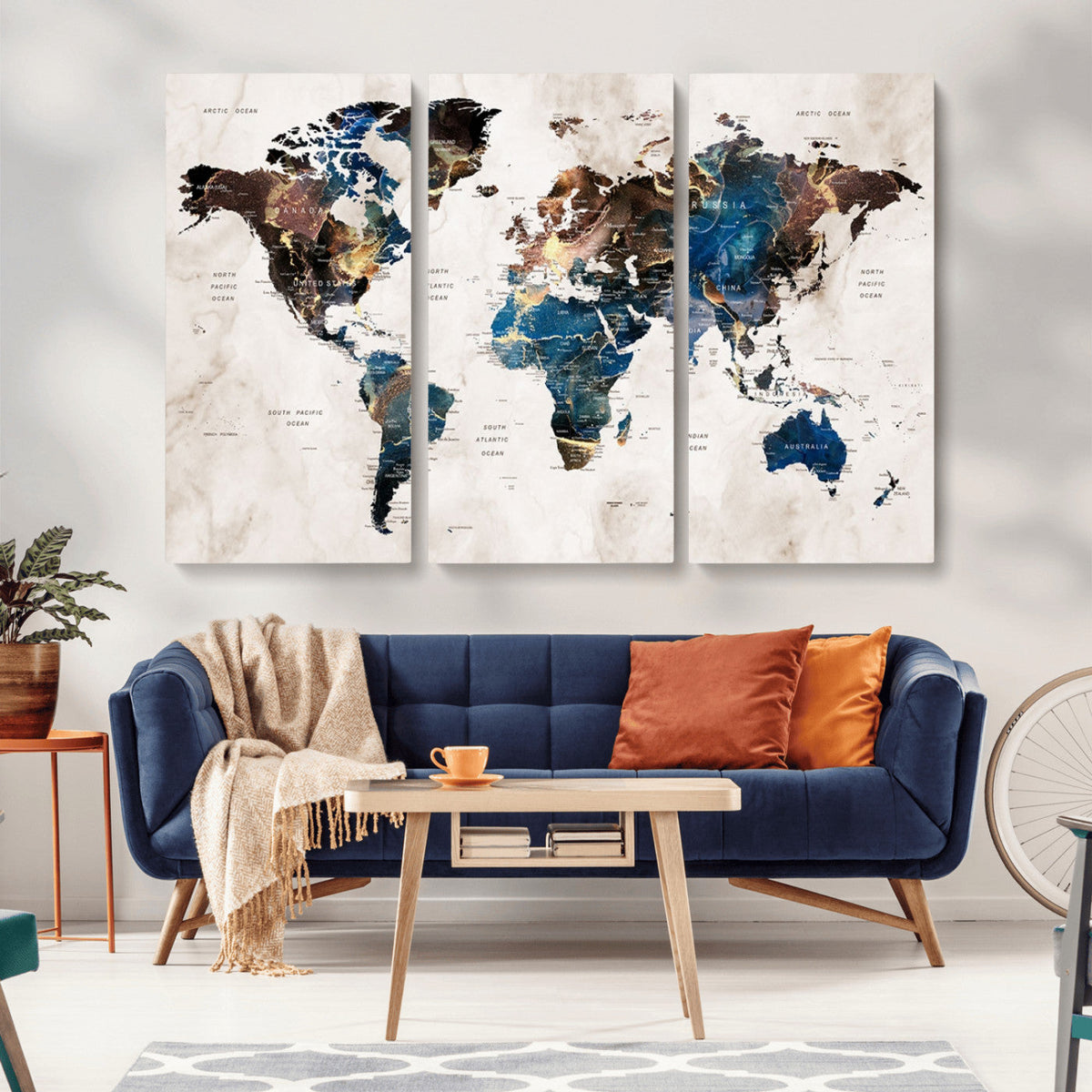 Abstract Earth Tone Blue World Map Canvas Print | Framed Travel Map Wall Art