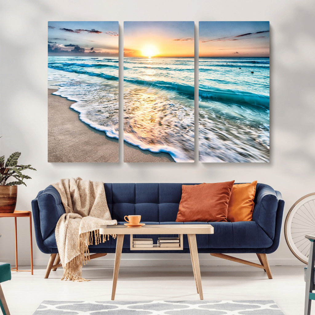 Sunset Beach Waves Canvas Wall Art | Ocean Sunset Coastal Print