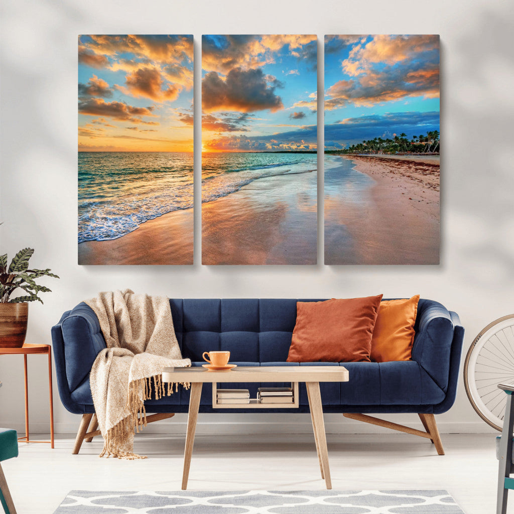 Sunset Beach Canvas Wall Art | Tropical Triptych Seascape Print