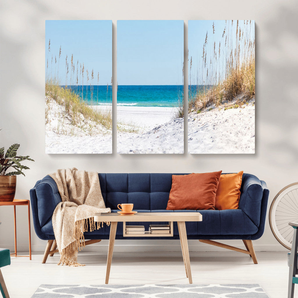 Serene Coastal Dune Path with Ocean View, 3-Panel Beach Canvas Wall Art