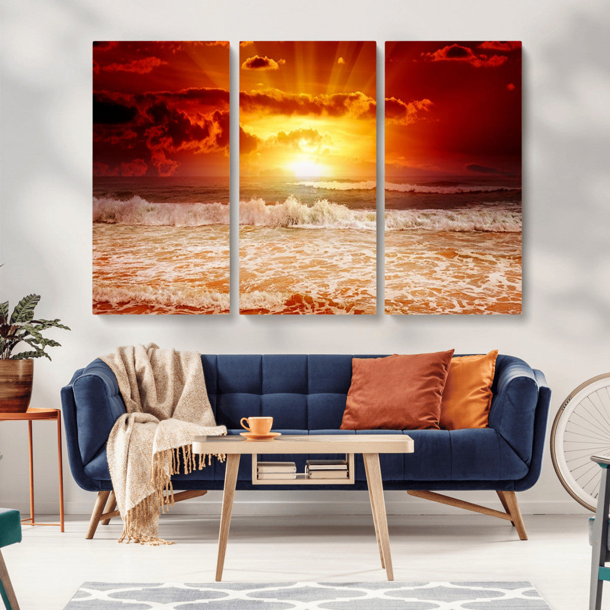 Red Sunset Ocean Beach Canvas Wall Art, Coastal Sunset Print