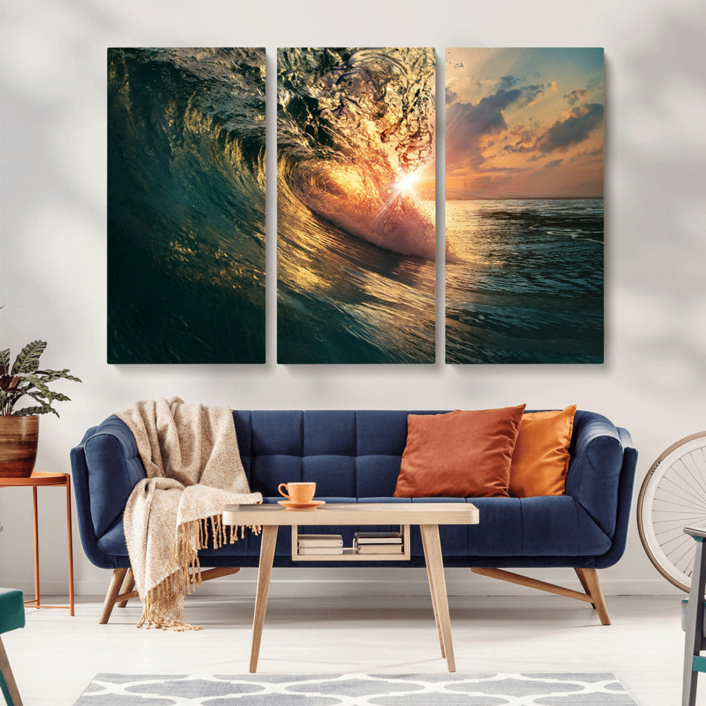 Ocean Wave Sunset Canvas Wall Art | Triptych Seascape Print
