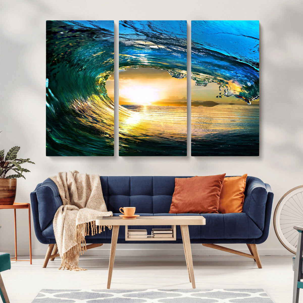 Ocean Wave at Sunset Canvas Art, Large Wall Print of Vibrant Surfing Wave