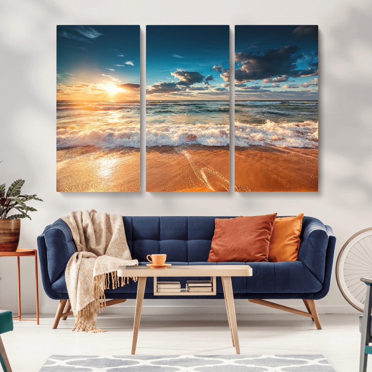 Golden Sunset Beach Triptych Canvas Art, Giclee Coastal Wall Decor, Ocean Waves Print