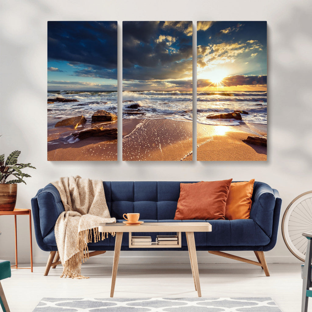 Golden Hour Beach Sunset Canvas Triptych, Ocean Waves and Rocks Wall Art
