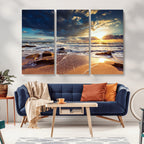 Golden Hour Beach Sunset Canvas Triptych, Ocean Waves and Rocks Wall Art