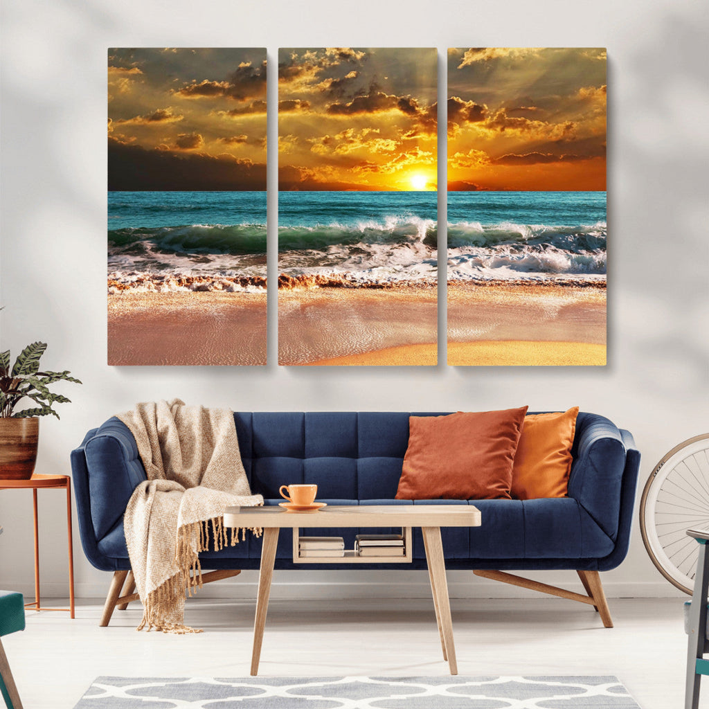 Golden Sunset Beach Canvas Wall Art | Triptych Seascape Print, Framed and Ready to Hang