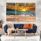 Golden Sunset Beach Canvas Wall Art | Triptych Seascape Print, Framed and Ready to Hang