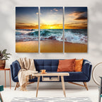 Golden Sunset Ocean Waves Wall Art Canvas Print | Multi Panel Beach Canvas Set, Coastal Triptych