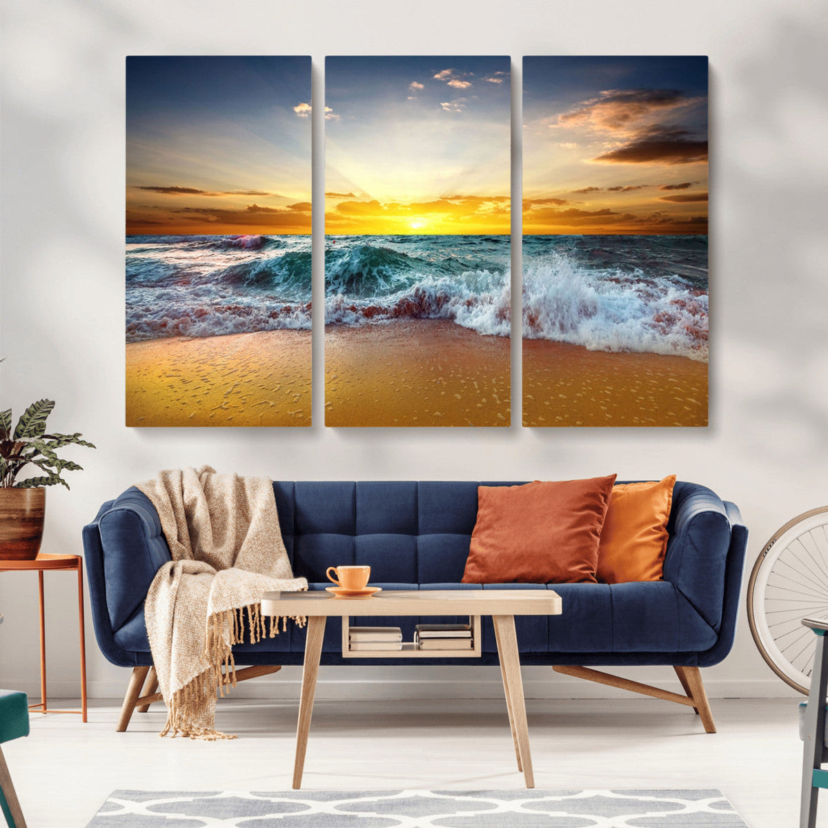 Golden Sunset Ocean Waves Wall Art Canvas Print | Multi Panel Beach Canvas Set, Coastal Triptych