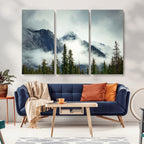 Mountain Mist Canvas Wall Art Print | 3-Panel Foggy Forest and Mountain Landscape