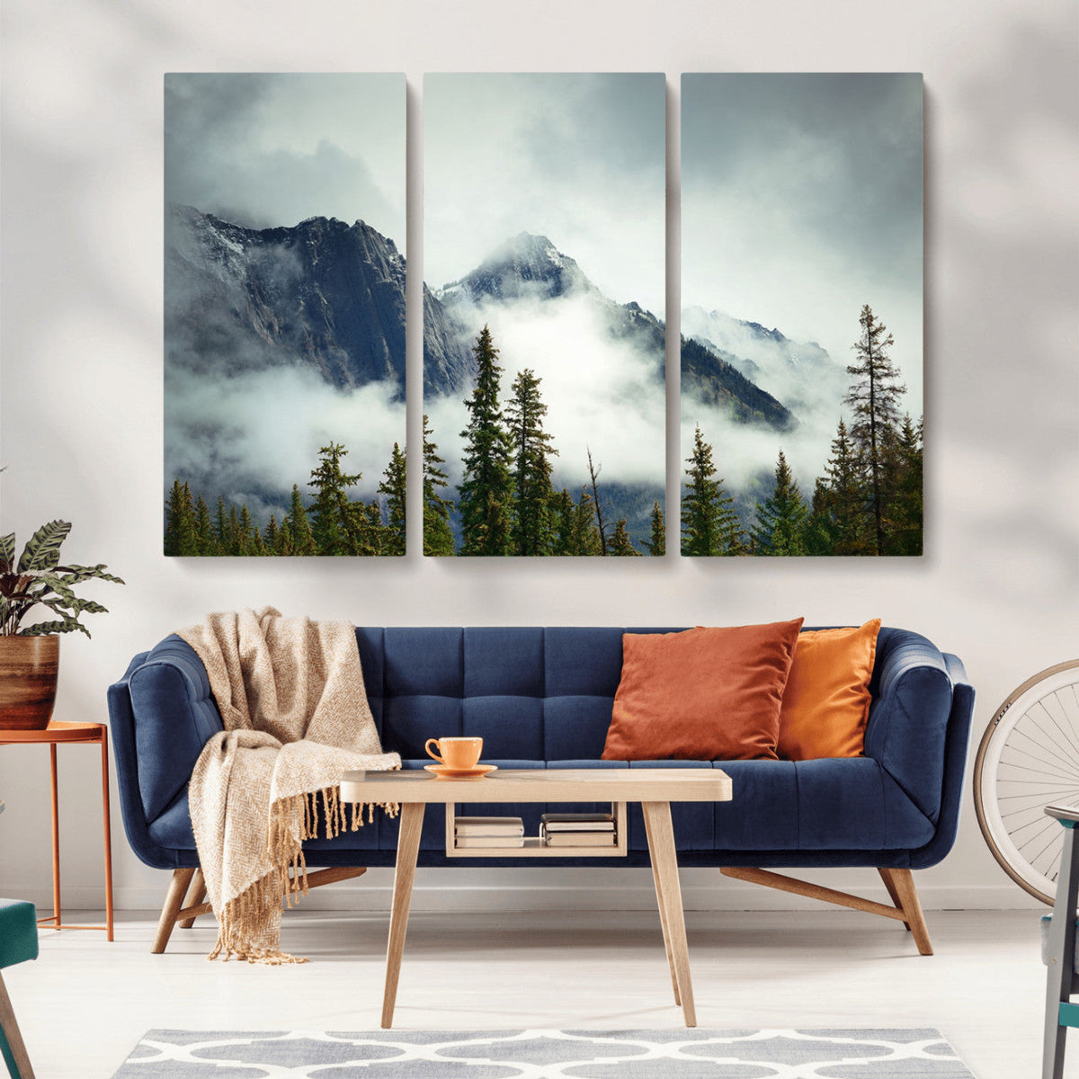 Mountain Mist Canvas Wall Art Print | 3-Panel Foggy Forest and Mountain Landscape