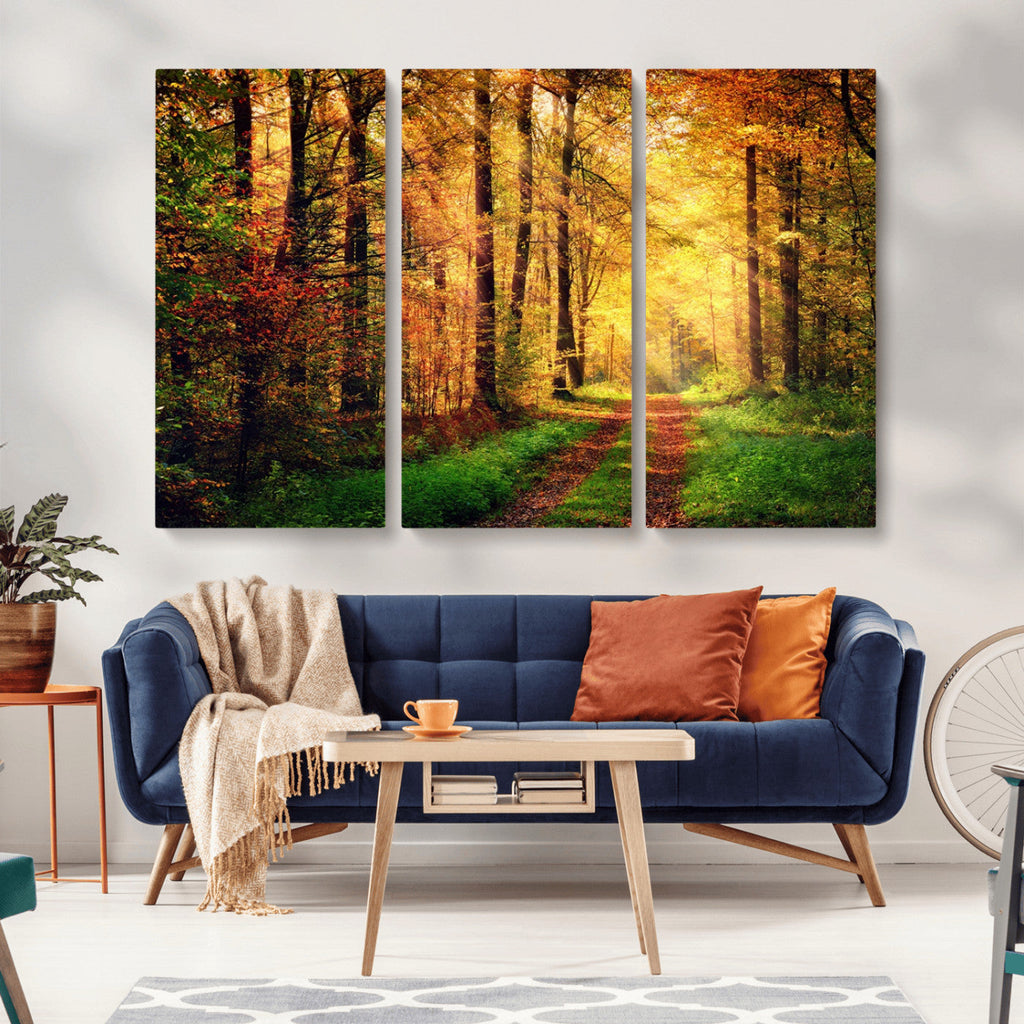 Sunlight Through Trees Wall Art Canvas Print | Autumn Forest Wall Art