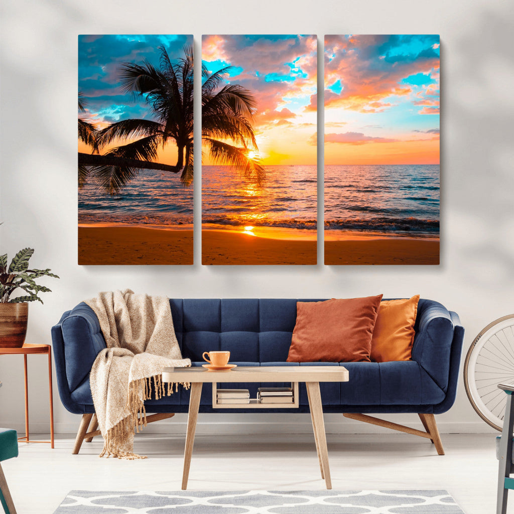 Palm Tree Sunset On The Beach Wall Art Canvas, Framed Palm Tree Sunset Canvas Print