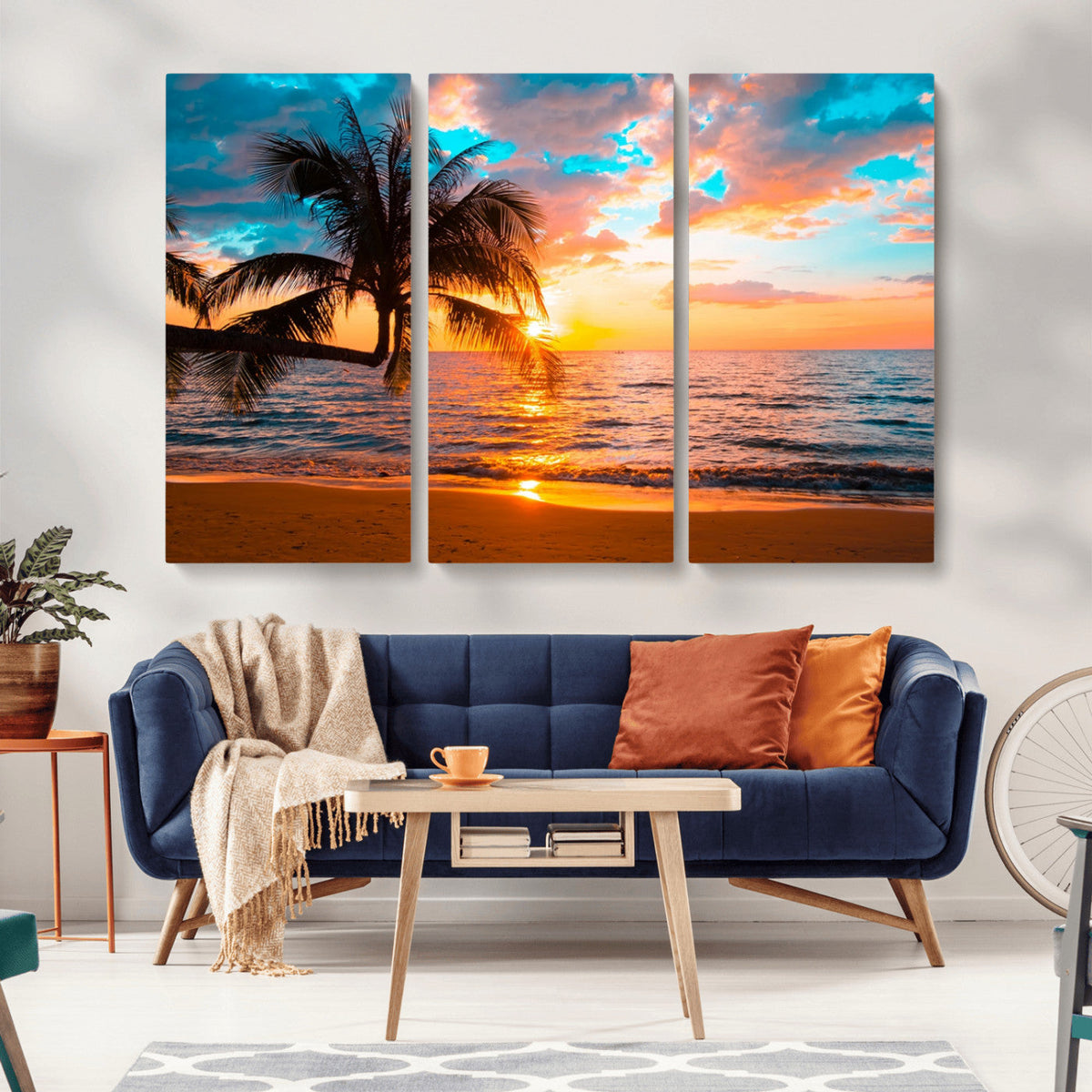 Palm Tree Sunset On The Beach Wall Art Canvas, Framed Palm Tree Sunset Canvas Print