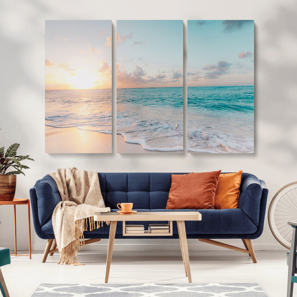 Tranquil Ocean Beach Sunset Canvas Wall Art | 3-Panel Coastal Decor