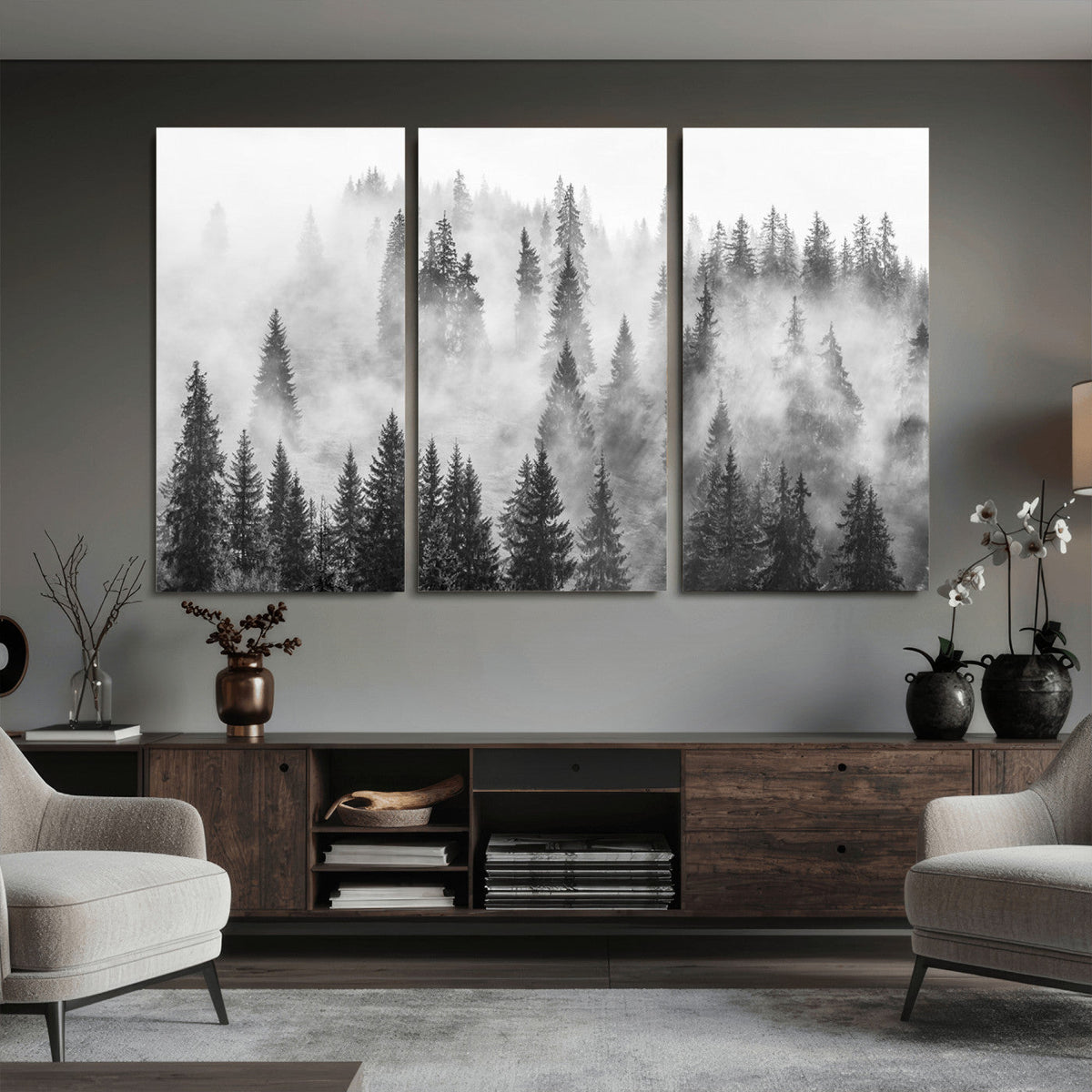 Forest Wall Art Print | Foggy Pine Forest Canvas Wall Art, Black and White Nature Decor